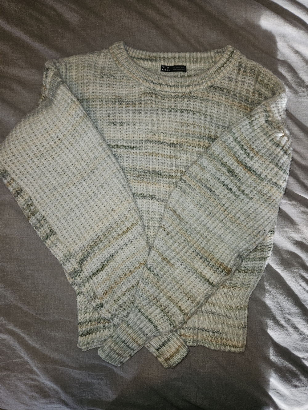 Zara Cream and Pale Green Striped Crewneck Sweater